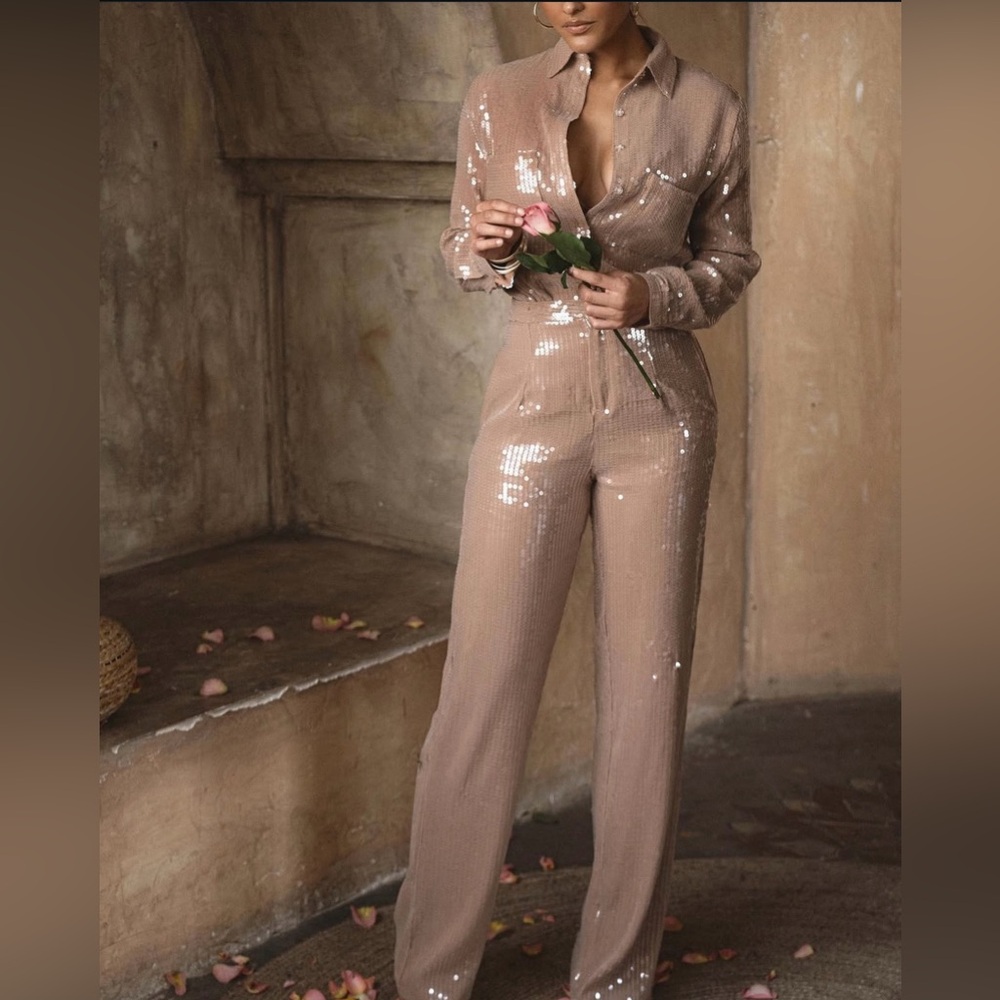 JLUXLABEL - Tan Elowen Sequin Trousers - Picture 5 of 10